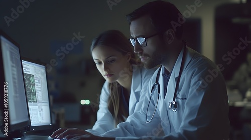 Lifestyle photo of a doctor and nurse working together at a computer, both focused on patient data, modern clinical setting