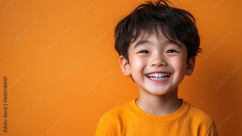 Portrait of an Asian boy, aged 11, laughing with excitement, isolated on a clean orange background, realistic details capturing his youthful joy and bright smile. High resolution Illustration, in the Portrait of an Asian boy, aged 11, laughing with excitement, isolated on a clean orange background, realistic details capturing his youthful joy and bright smile. High resolution Illustration, in the
