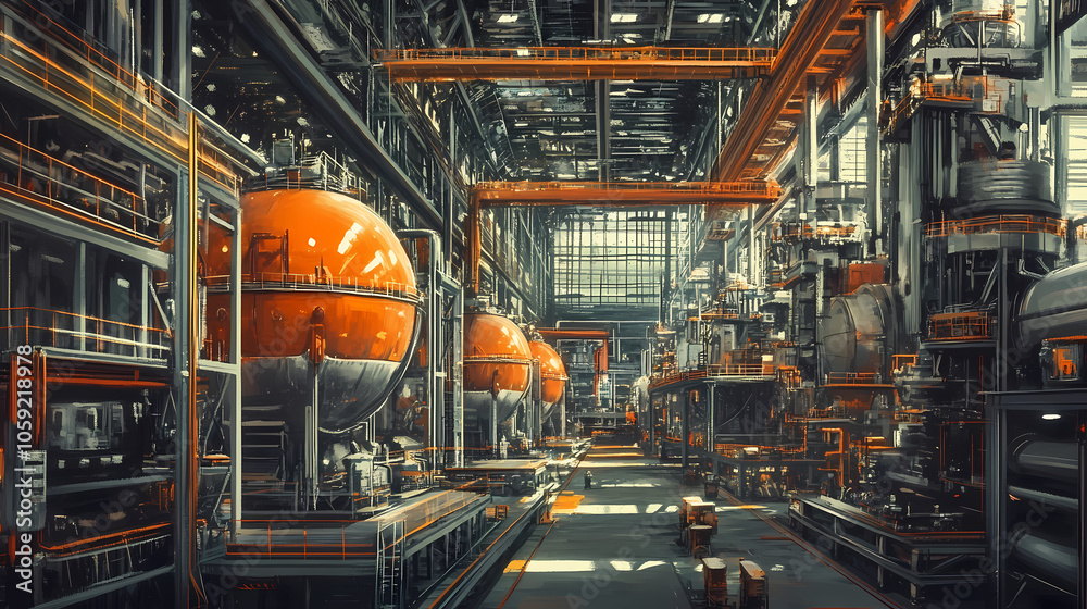 A large industrial building with many orange machines. Robot Factory. Illustration