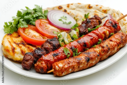 Chicken mutton beef and lamb tikka seekh kebabs with pita tomatoes and onions presented on a table surrounded by Middle Eastern spices photo