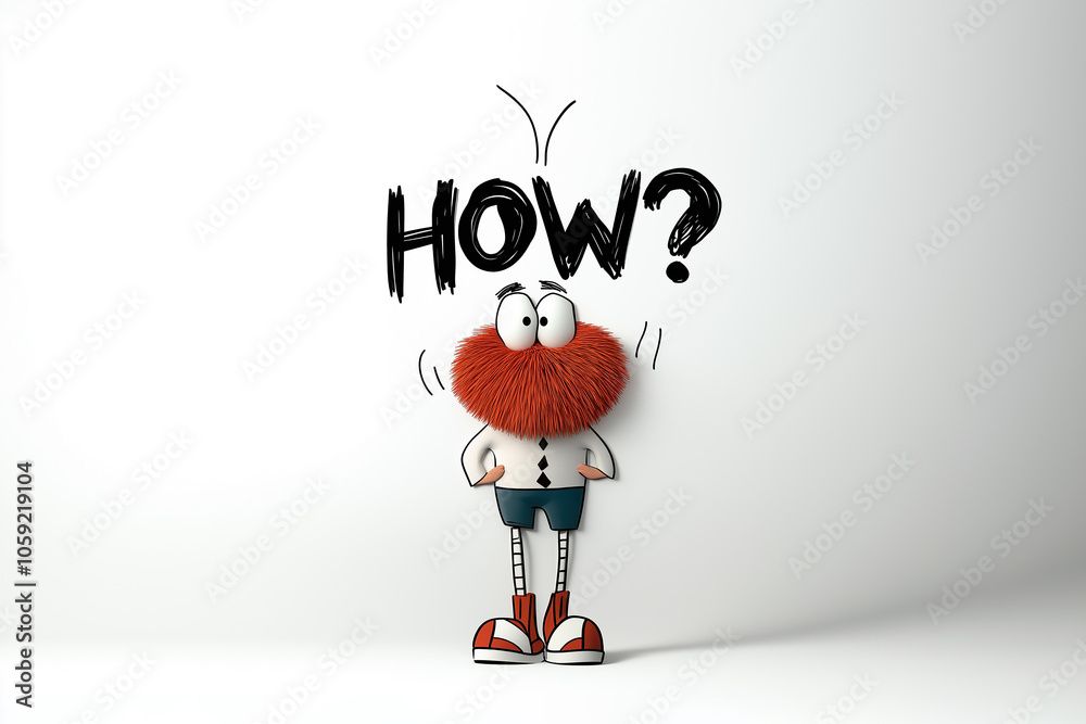 How concept. A cartoon character stands under a large How concept. A cartoon character stands under a large