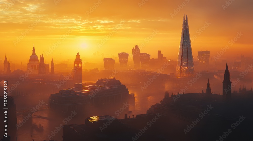 Fototapeta premium Cinematic shot of the London skyline featuring the Shard, St. Paul Cathedral, and the Houses