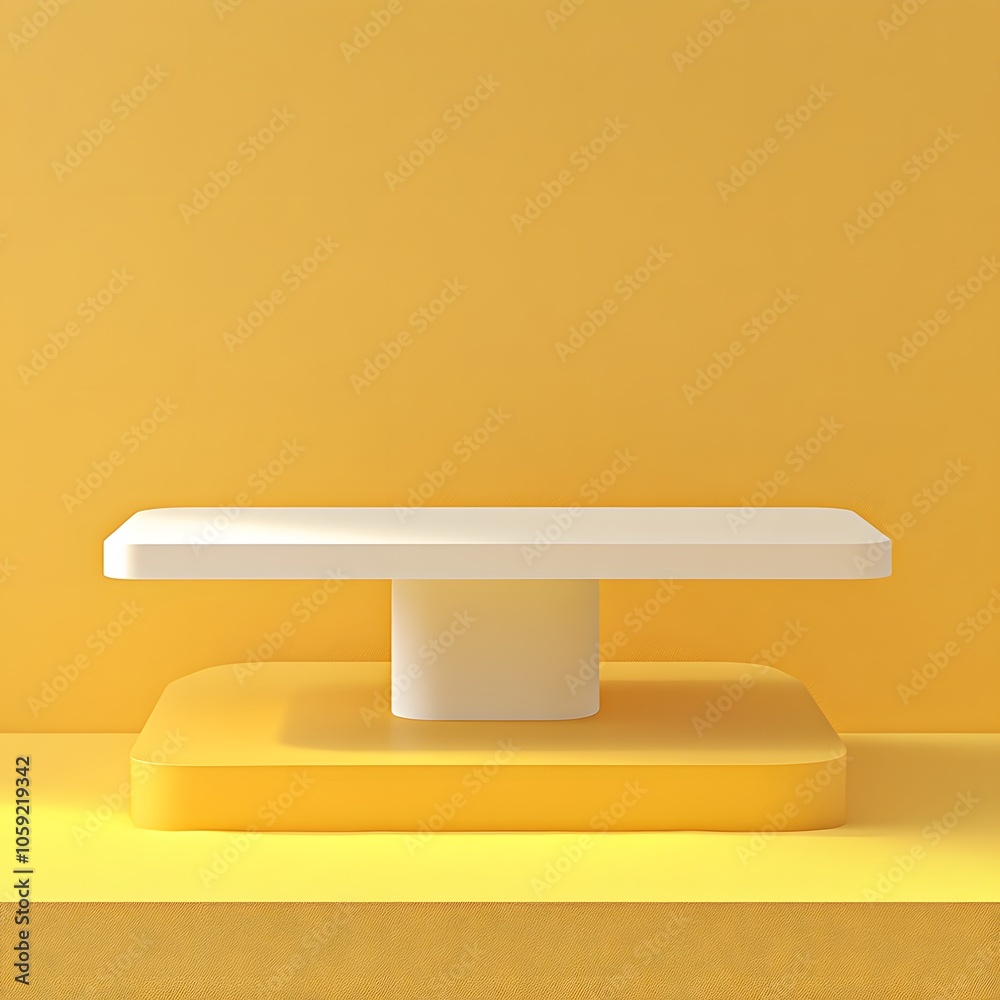 A 3D podium white rectangular table is balanced on the edge of an angled yellow platform, in a minimalist style, with a solid color background, studio lighting, soft light, delicate texture, high sat
A 3D podium white rectangular table is balanced on the edge of an angled yellow platform, in a minimalist style, with a solid color background, studio lighting, soft light, delicate texture, high sat