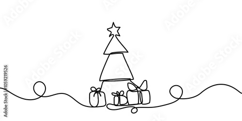 Christmas tree with boxes - hand drawing one single continuous line. Vector stock illustration isolated on white background for design template winter banner, greeting card. Editable stroke. EPS 10.