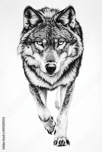 A wolf is walking on a white background. The wolf is looking straight ahead. The image has a calm and serene mood