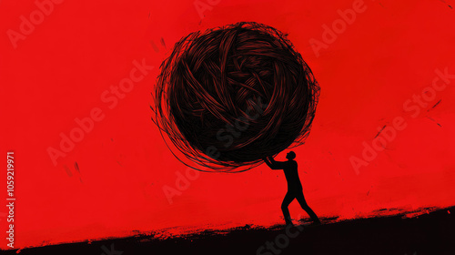 Silhouette Man Pushing Away Intricate Ball of Tangled Lines on Red Background, Symbolizing Problem Solving and Hard Work for Success photo