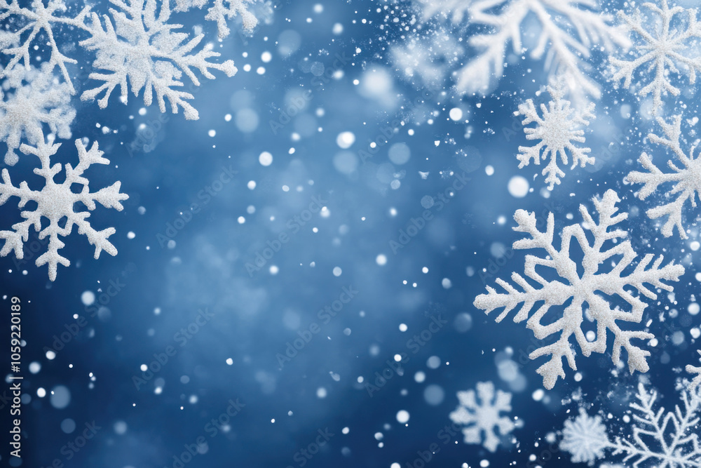 White snowflakes falling on a blue background, creating a festive and wintry atmosphere with soft bokeh and delicate frost details. Copy space White snowflakes falling on a blue background, creating a festive and wintry atmosphere with soft bokeh and delicate frost details. Copy space