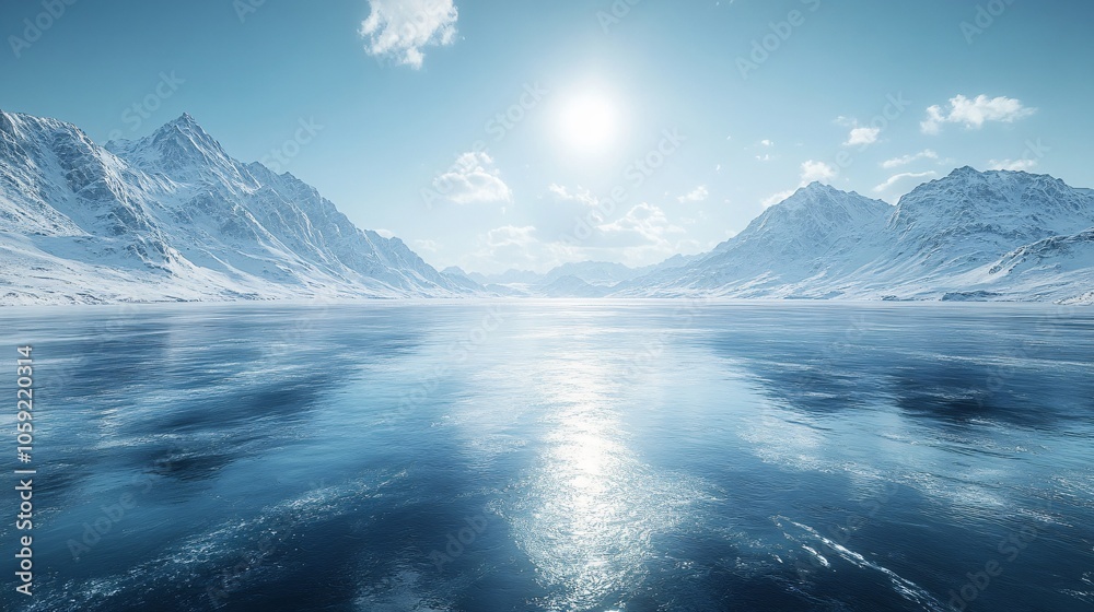 Fototapeta premium Snowy Mountains and Glaciers: A Winter Wonderland with Ice Lakes and Vehicles for Advertising Backgrounds