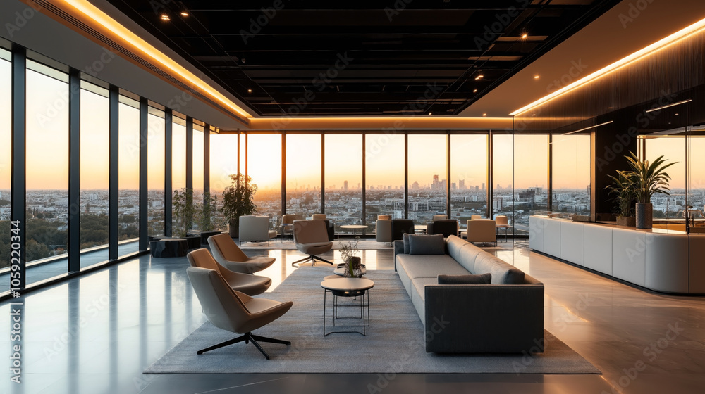 Modern office lounge with panoramic city view at sunset, featuring contemporary furniture, large windows, and sleek interior design. Modern office lounge with panoramic city view at sunset, featuring contemporary furniture, large windows, and sleek interior design.