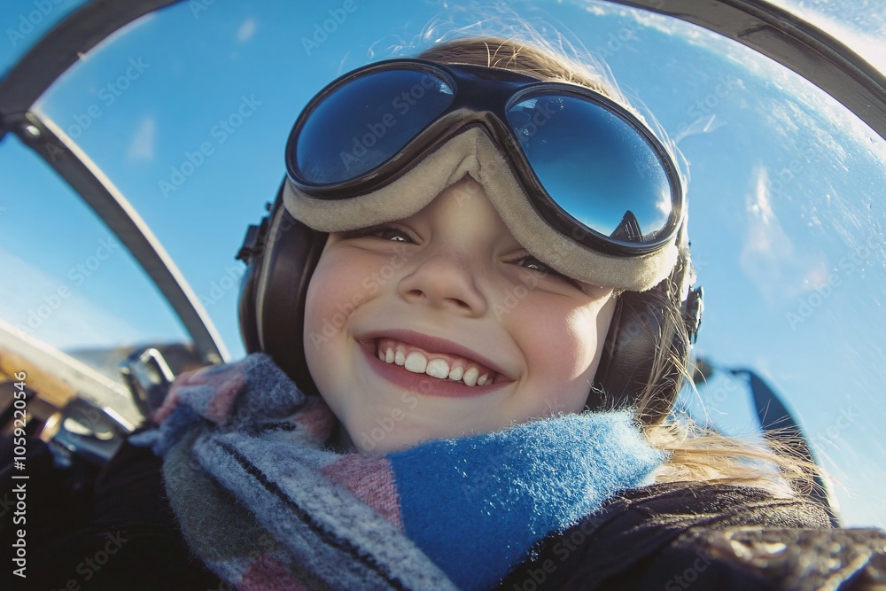 Child smiling while piloting a small airplane, wearing aviator goggles and a scarf, cockpit view, blue sky 1 Child smiling while piloting a small airplane, wearing aviator goggles and a scarf, cockpit view, blue sky 1