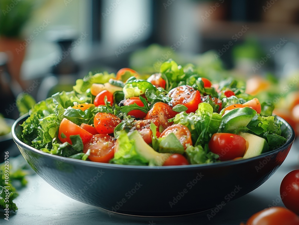 Vibrant vegetable salad in a pristine bowl, appealing presentation, rich colors, inviting freshness, perfect for healthy dining promotion
