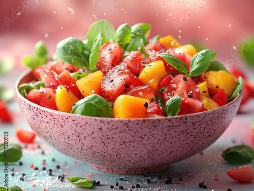 Vibrant salad bowl featuring fresh vegetables, inviting presentation, appealing colors, enticing culinary display photo