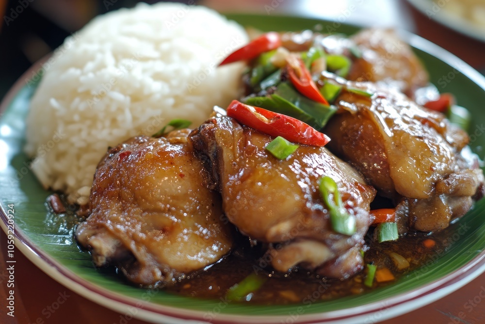 Chicken thighs seasoned and prepared in adobo sauce A traditional Filipino meal Close up of adobo served with rice Chicken thighs seasoned and prepared in adobo sauce A traditional Filipino meal Close up of adobo served with rice
