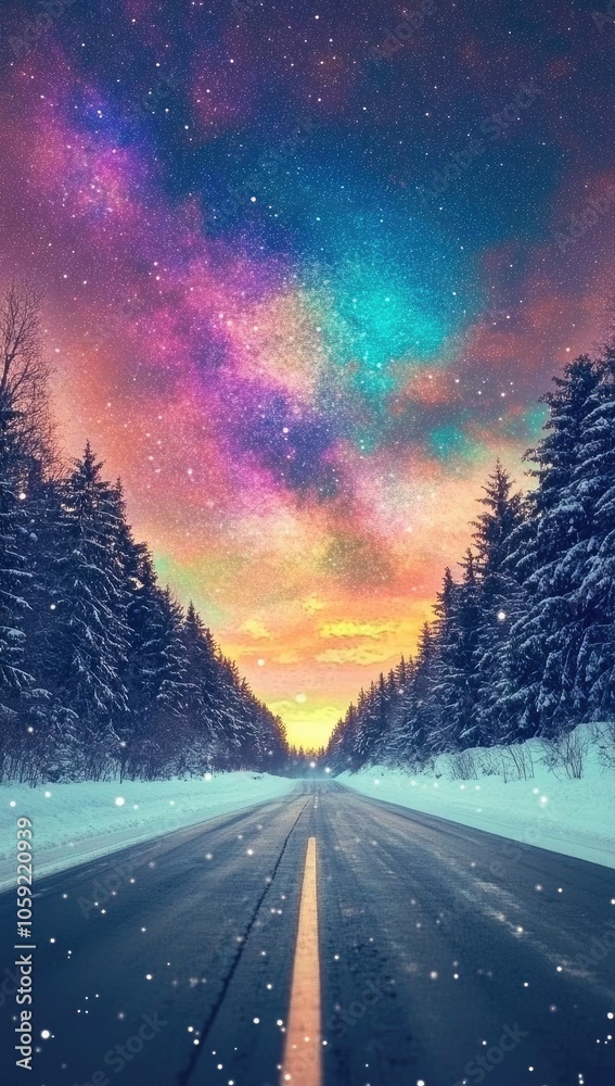 Winter Road Leading to Horizon Under Starry Sky with Milky Way and Colorful Sunset, Framed by Snowy Forests Winter Road Leading to Horizon Under Starry Sky with Milky Way and Colorful Sunset, Framed by Snowy Forests