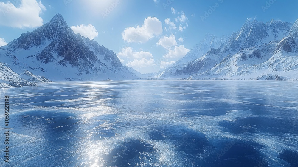 Snowy Mountains and Glaciers: A Winter Wonderland with Ice Lakes and Vehicles for Advertising Backgrounds Snowy Mountains and Glaciers: A Winter Wonderland with Ice Lakes and Vehicles for Advertising Backgrounds