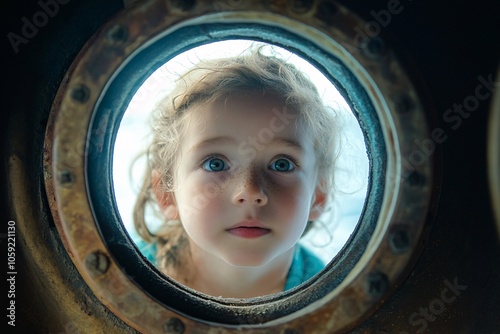 Child looking through ship porthole, curious face, ocean view, daylight, round window, close-up 1 photo