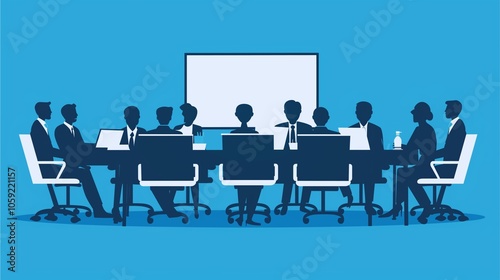 Business Meeting in Silhouette: A powerful illustration depicting a group of business professionals in silhouette, gathered around a conference table for a strategic meeting.