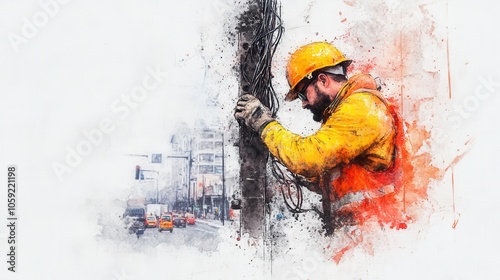 A construction worker in safety gear is focused on tasks involving utility poles amidst a city scene, emphasizing hard work and dedication.