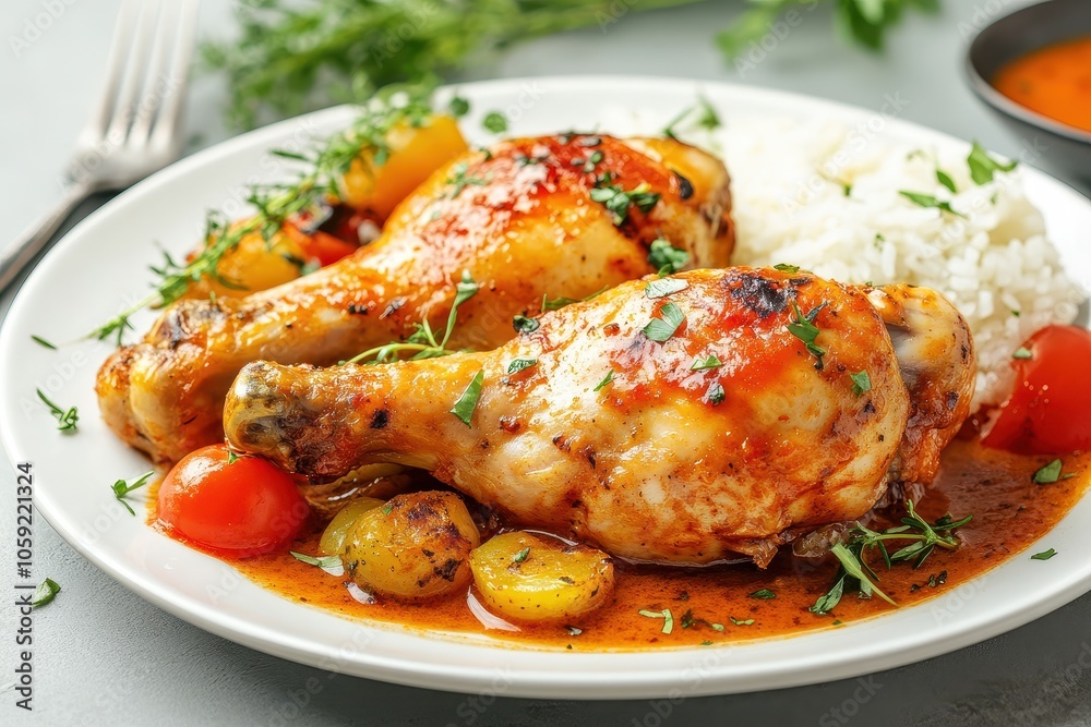 Chicken with sauce and veggies served on a white plate Chicken with sauce and veggies served on a white plate