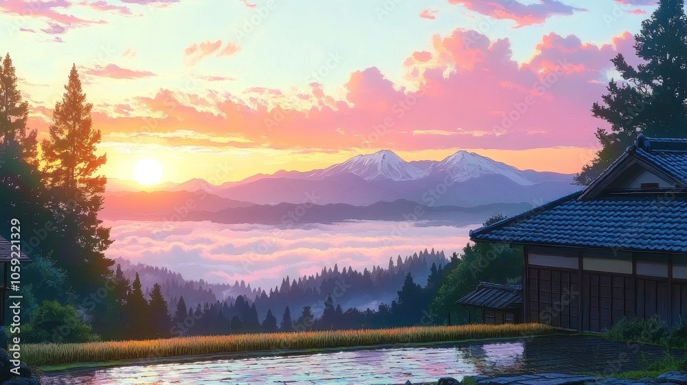Fototapeta premium Japanese House with Mountain View at Sunset