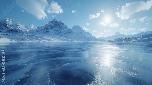 Snowy Mountains and Glaciers: A Winter Wonderland with Ice Lakes and Vehicles for Advertising Backgrounds