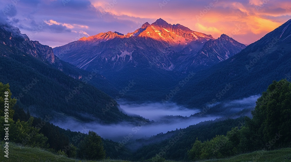 Sunrise Over Mountains with Mist in the Valley Sunrise Over Mountains with Mist in the Valley
