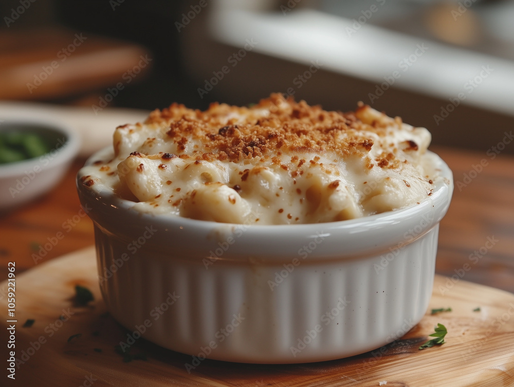 Creamy baked macaroni and cheese topped with breadcrumbs in a white ramekin Creamy baked macaroni and cheese topped with breadcrumbs in a white ramekin