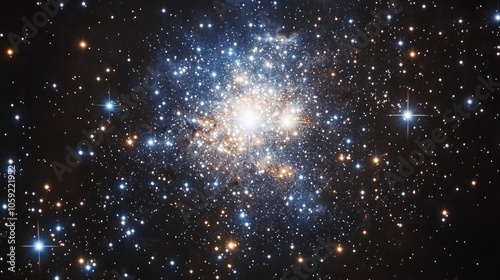 A vibrant star cluster with a dense core of stars, surrounded by a field of scattered stars against a dark, starry backdrop.