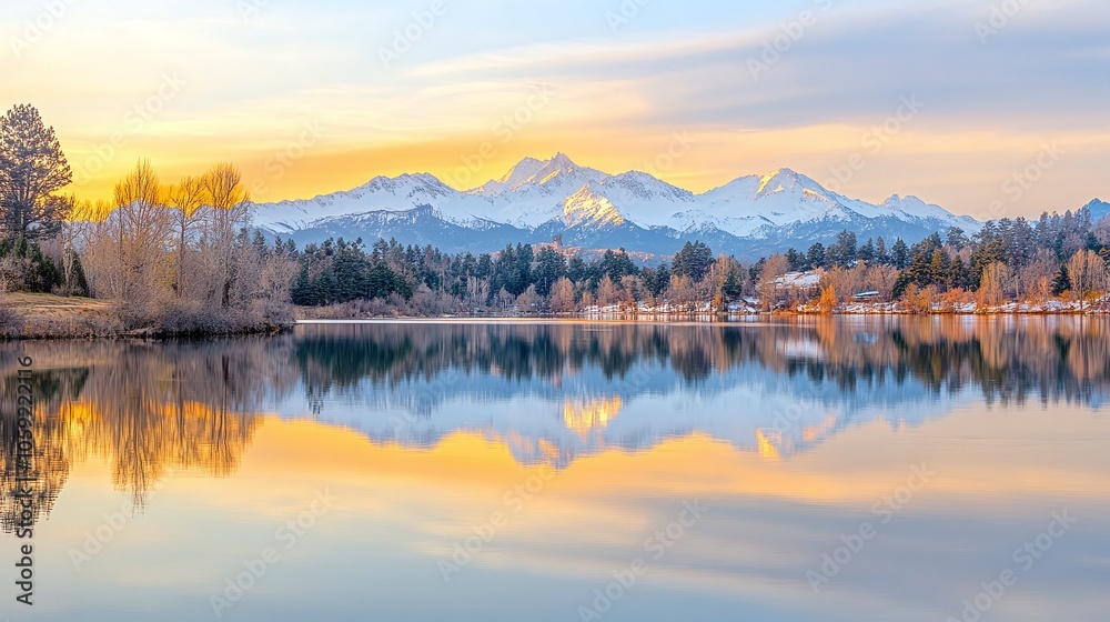 A breathtaking sunrise with soft, golden light illuminating snow-capped peaks, perfectly mirrored in a still, glassy lake below, creating a serene and symmetrical reflection. A breathtaking sunrise with soft, golden light illuminating snow-capped peaks, perfectly mirrored in a still, glassy lake below, creating a serene and symmetrical reflection.