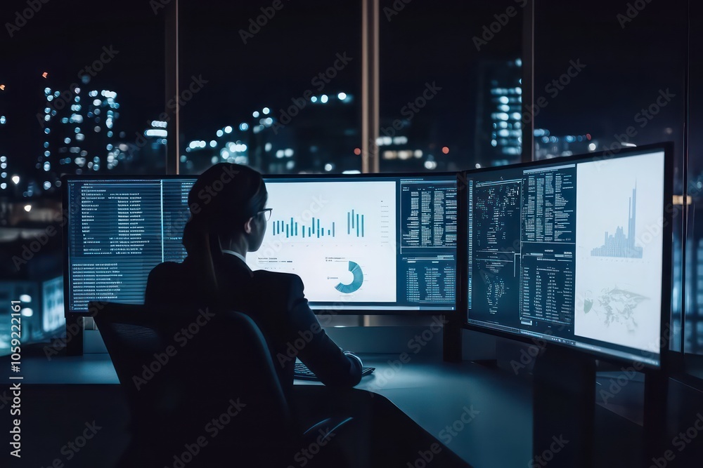 A dark-colored, high-resolution image depicting a C-Level executive in a sleek, modern office with a city skyline view at night. A dark-colored, high-resolution image depicting a C-Level executive in a sleek, modern office with a city skyline view at night.