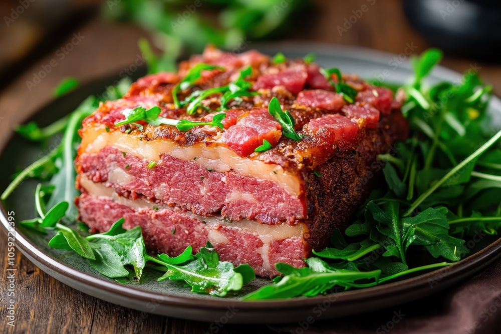 Classic baked Bavarian leberkäse a meatloaf of corned beef pork and bacon served with fresh arugula Classic baked Bavarian leberkäse a meatloaf of corned beef pork and bacon served with fresh arugula