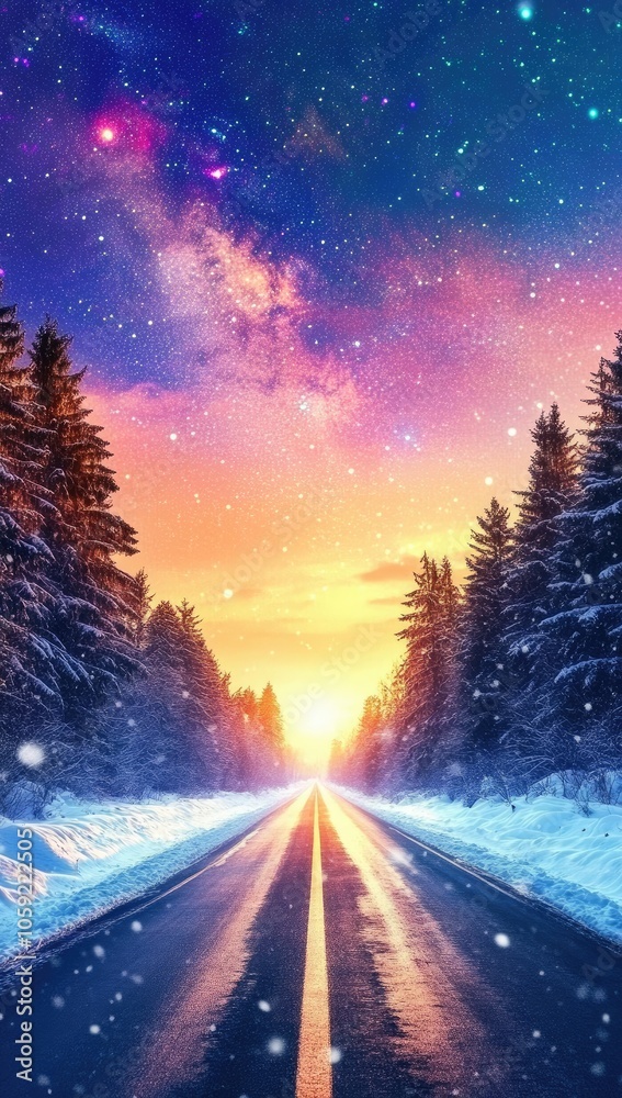 Winter Road Leading to Horizon Under Starry Sky with Milky Way and Colorful Sunset, Snowy Forests Landscape