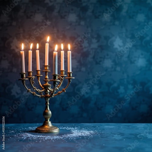 Hanukkah menorah with lit candles on blue background
