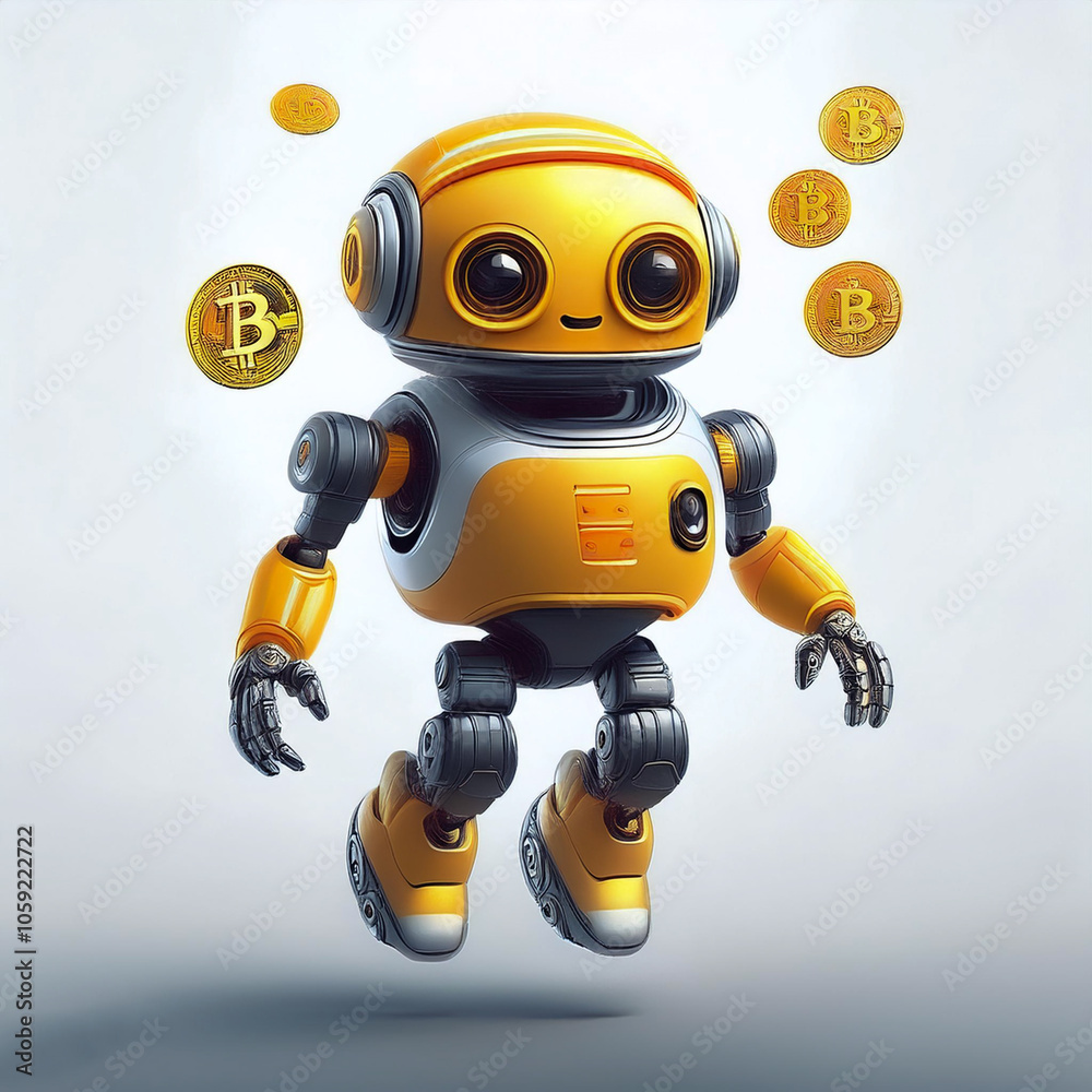 AI Robot Holding Gold Coin floating or flying isolated white background AI Robot Holding Gold Coin floating or flying isolated white background