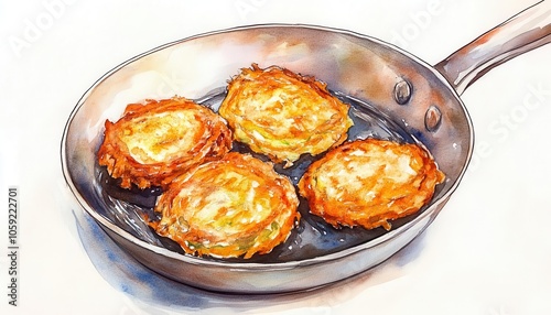 Splashing watercolor of latkes frying in a pan, with warm golden tones, Latke Tradition, Hanukkah comfort food photo