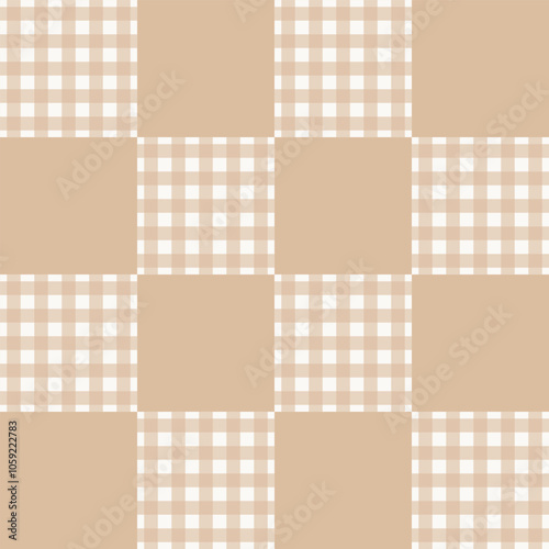 Seamless vector pattern with neutral beige patchwork cheater quilt with solid and gingham squares