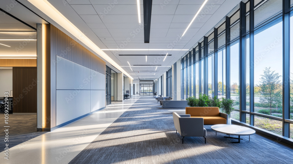 A modern office building with an empty hallway. The spacious office has big windows and bright lighting.