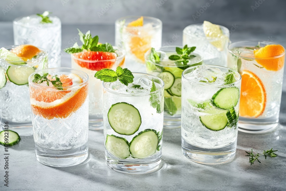 Classic gin and tonic served in individual glasses garnished with orange grapefruit or cucumber Classic gin and tonic served in individual glasses garnished with orange grapefruit or cucumber