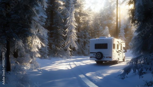 Vacances et voyage en camping-car, l'hiver sur une route enneigée avec lumière du soleil brillante et traversant les arbres. photo