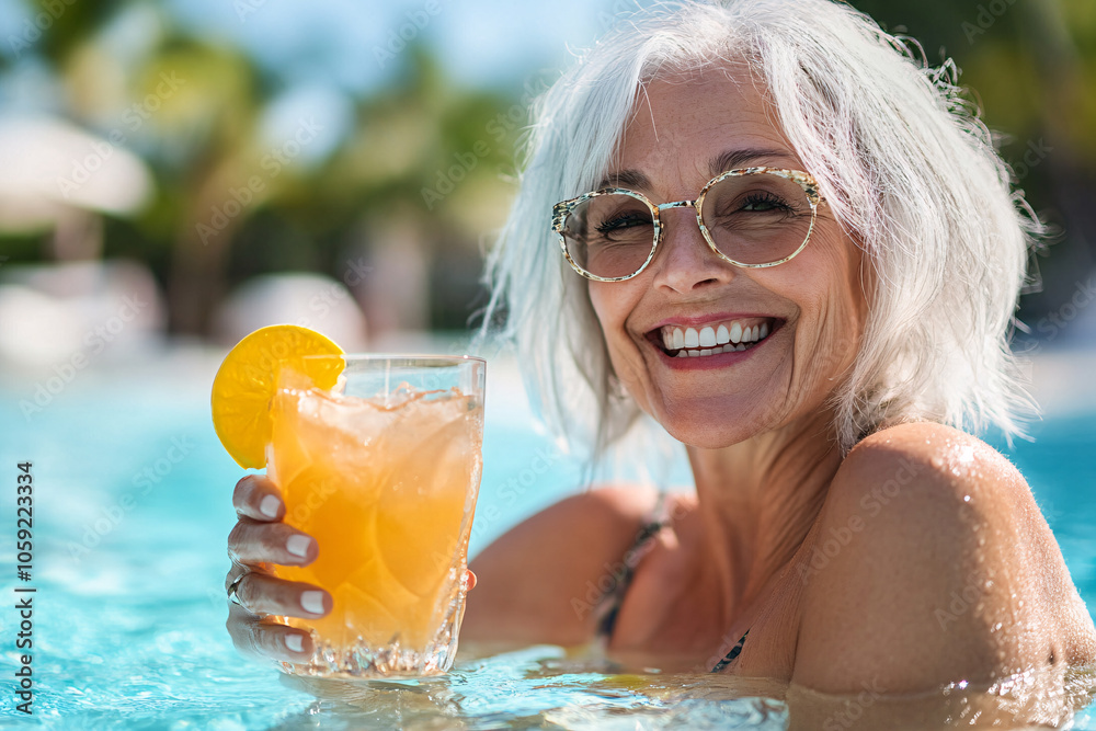 happy senior woman with orange cocktail in blue pool happy senior woman with orange cocktail in blue pool
