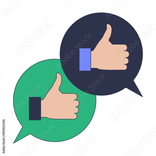 Two speech bubbles with thumbs up symbolize agreement and positive communication.