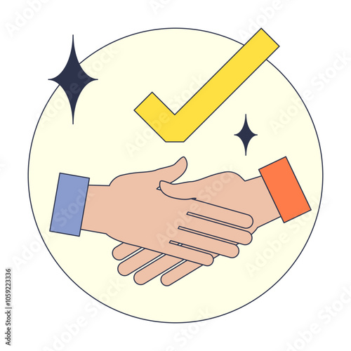 Two hands clasped in a handshake with a checkmark, symbolizing agreement and trust.