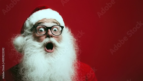 Un Père Noël portant une barbe blanche et des lunettes avec une expression surprise et étonnée sur un fond de couleur rouge, image avec espace pour texte. photo