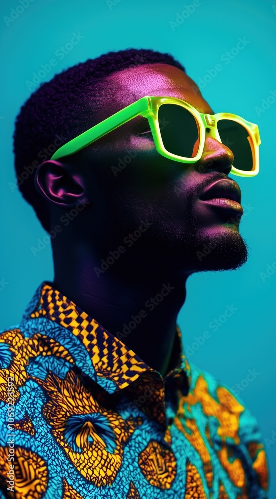 Portrait d'un homme afro-américain portant des lunettes de soleil fluo et une chemise à motifs, sur fond bleu. Portrait d'un homme afro-américain portant des lunettes de soleil fluo et une chemise à motifs, sur fond bleu.
