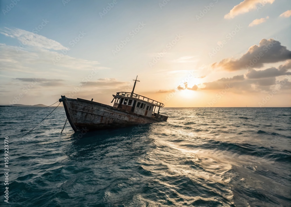 Abandoned Boat in the Sea - Captivating Product Photography for Nautical Decor and Seascape Art Abandoned Boat in the Sea - Captivating Product Photography for Nautical Decor and Seascape Art