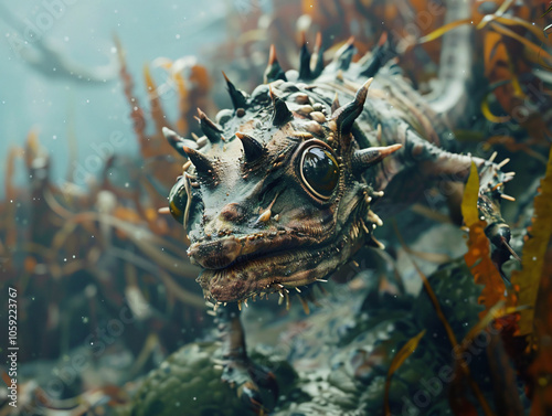 A prehistoric marine creature with large eyes and spiked front appendages, swimming through a prehistoric ocean, surrounded by ancient marine plants and other smaller prehistoric sea life, cinematic s photo