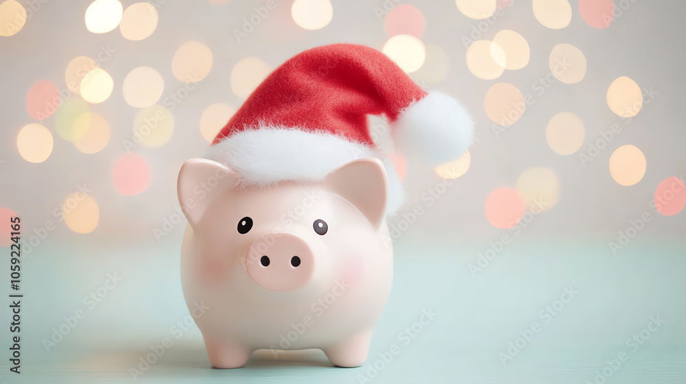 A festive piggy bank wearing a Santa hat, set against a soft-focus Christmas background, perfect for holiday savings and celebrations.