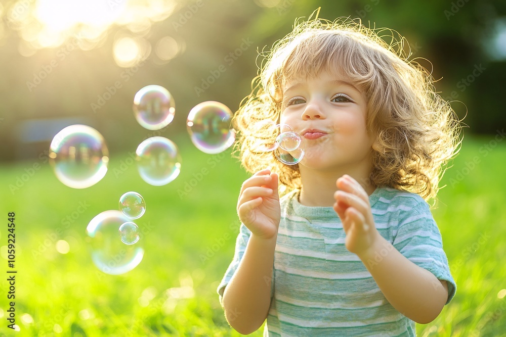 A cheerful child blowing soap bubbles in a park, bright sunlight, green grass, playful atmosphere 1 A cheerful child blowing soap bubbles in a park, bright sunlight, green grass, playful atmosphere 1