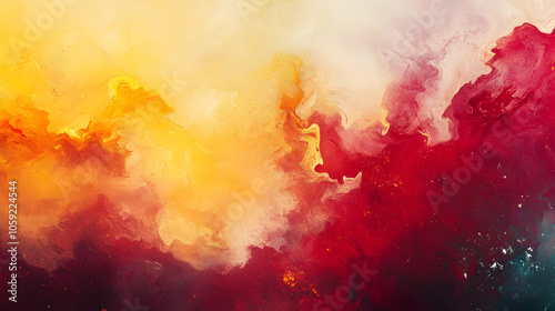 Abstract water painting, color mist. Magic spell mystery. Bold colors red and yellow contrast vapor floating colors, splash cloud explosion texture background banner illustration