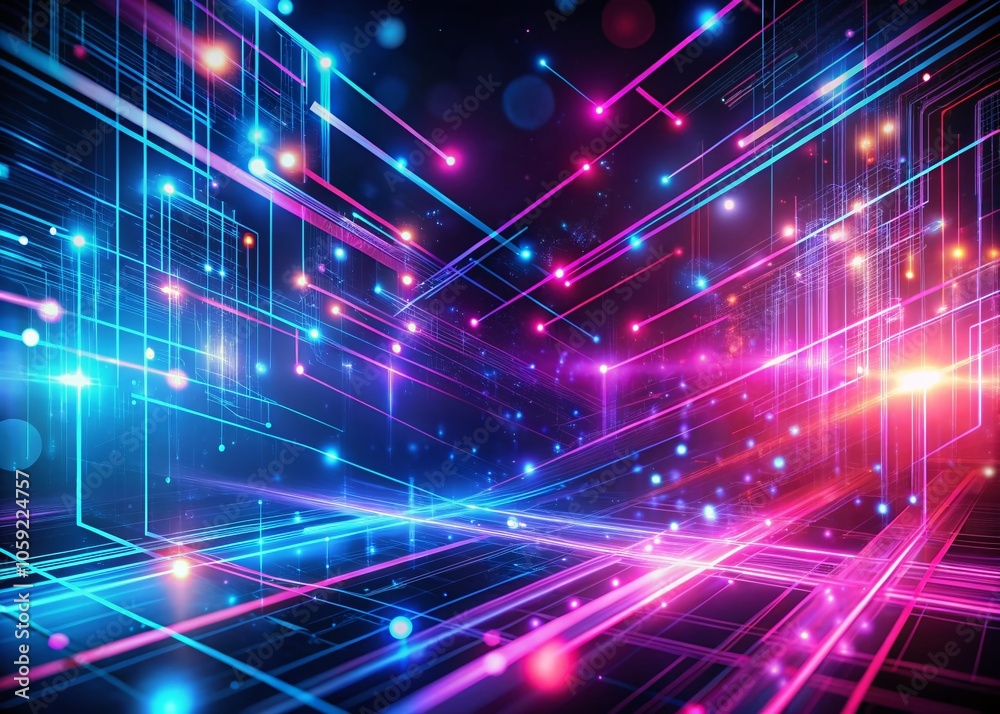 Abstract Background with Pink and Blue Glowing Neon Lines and Bokeh Lights for Data Transfer Concept